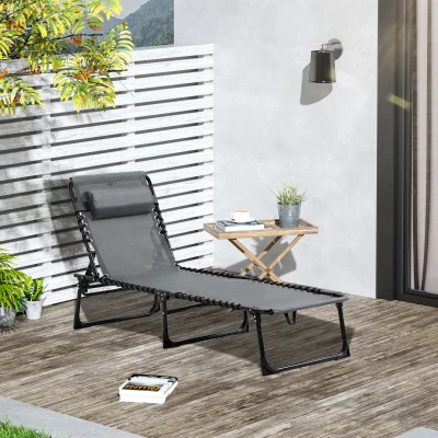 Outsunny Folding Sun Lounger, Relaxation Sunbed with 5-Level Reclining Backrest, Removable Headrest, Built-in Side Pocket, Textilene Coating, Steel, dim. 189x58x30cm, Gray