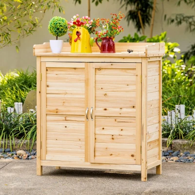 Outsunny Garden storage cabinet for tools freestanding cupboard with double doors and internal shelf pre-oiled solid pine dim. 83L x 40l x 92H cm natural