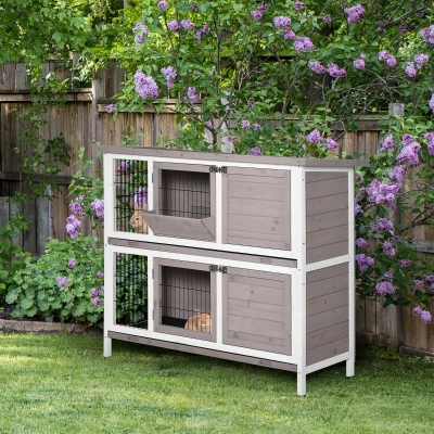 PawHut Solid Wood Rabbit Hutch 2-Level Lift-Top Roof with Feeder Sliding Trays 4 Doors 122 x 50 x 101 cm Gray White