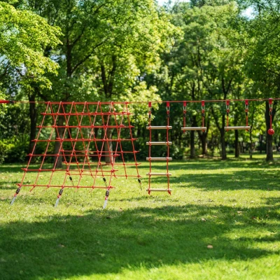 AIYAPLAY Ninja Line Set Slackline 10 m para niños con anillas, columpio, escalera de cuerda, red de escalada para 3-6 años 1000x300x180 cm Rojo