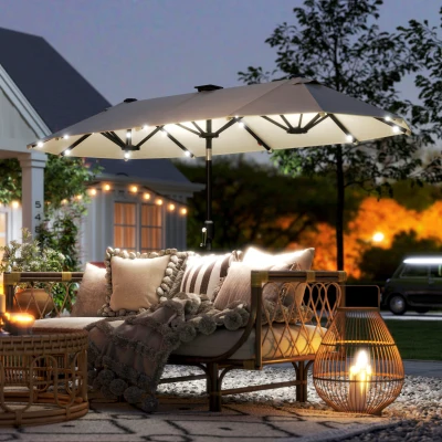 Outsunny Umbrelă dublă, umbrelă terasă, înclinabilă, cu panou solar, 35 LED-uri, cadru din oțel, bej, 2,92 x 1,50 x 2,18 m