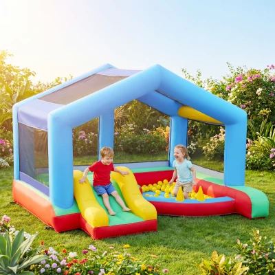 AIYAPLAY Castelo Insuflável para Crianças com Escorrega Cama Elástica Piscina de Bolinhas Jogo de Aros Toldo e Bolsa de Transporte 290x230x200 cm Multicor
