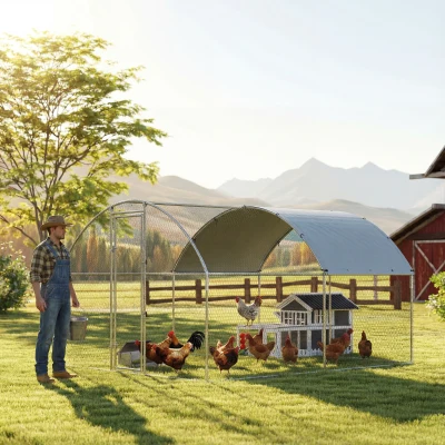 PawHut Gallinero para Exterior 2,8x3,4x1,9 m Cubierta de Tela Oxford Anti-UV Impermeable Pestillos para 10-16 Gallinas Plata