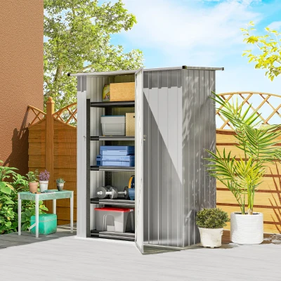 Outsunny Căsuță pentru Grădină 1,07m² din Oțel Galvanizat, Căsuță pentru Unelte cu Ușă Blocabilă, Acoperiș Înclinat, 142x86x189 cm, Argintiu