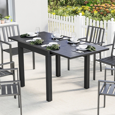 Outsunny Mesa de Jantar Exterior Extensível 80/160 cm para 4-6 Pessoas de Alumínio com Tampo de Ripas Efeito Madeira Preto