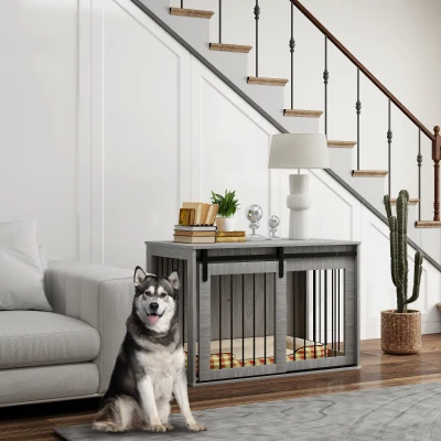 PawHut Hondenbench met schuifdeur, ventilatie, spaanplaat en staal, 98 x 58 x 61 cm, Grijs