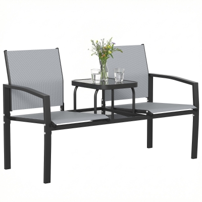 Outsunny 2-zits tuinbank zitbank met rug- & armleuningen, tweelaags glastafel, parkbank belastbaar tot 240 kg 135 x 67 x 81 cm Grijs