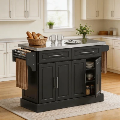 HOMCOM Ilha de Cozinha com Rodas Bancada de Aço Inoxidável 2 Gavetas 4 Portas e 2 Prateleiras Ajustáveis 145x45x93 cm Preto