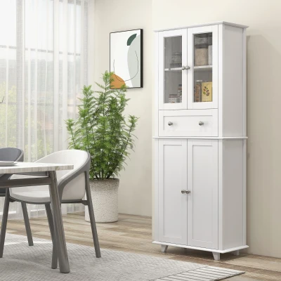 HOMCOM Armário de Cozinha Móvel Auxiliar de Cozinha com 2 Portas de Vidro Gaveta e Prateleiras Ajustáveis 61x35x168,5 cm Branco