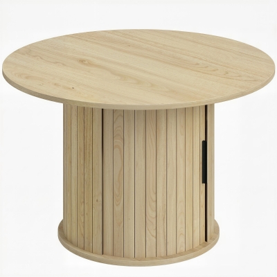 HOMCOM Mesa de centro redonda, mesa de sala com arrumação, porta deslizante ripada, 2 prateleiras, efeito madeira natural