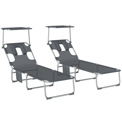 Outsunny Set mit 2 klappbaren, verstellbaren Liegen mit 360°-Sonnendach, Gesichtsöffnung, Seitentasche und Textilene 550 g/m², Grau
