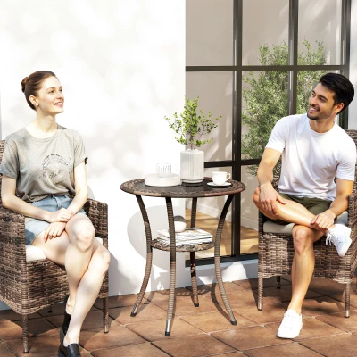 Outsunny Mesa de Jardín Redonda Ø64x71 cm con Estante Marco de Acero y Encimera de Cristal Carga 50 kg para Terraza Patio Marrón