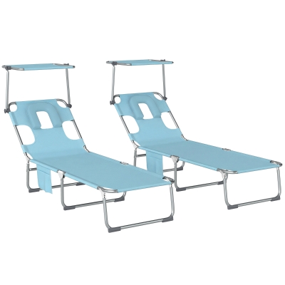 Outsunny Set de 2 Șezlonguri Pliabile Reclinabile cu Copertină 360°, Orificiu Facial, Buzunar Lateral și Textilene 550 g/m², Albastru