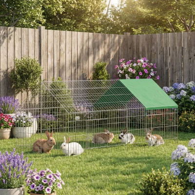 PawHut Gaiola para Coelhos e Galinhas de Exterior e Interior com Proteção Solar e Grade Metálica, para Animais Pequenos, Patos, Galinhas, 180x75x75 cm, Verde