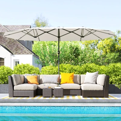 Outsunny Doppelsonnenschirm 436 x 260 cm, UV Schutz Stahl Sonnenschirm mit Handkurbel, oval Beige