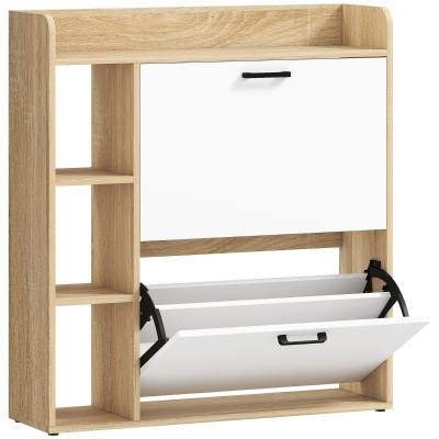 HOMCOM Zapatero Estrecho con 2 Puertas 3 Estantes Laterales y Estantes Ajustables para 15 Pares de Zapatos Natural y Blanco