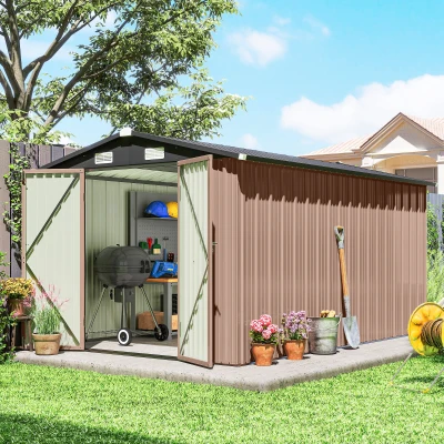 Outsunny Abrigo de Jardim em Metal 364 x 238 cm com 4 Aberturas de Ventilação e Portas Duplas com Fechadura, Castanho