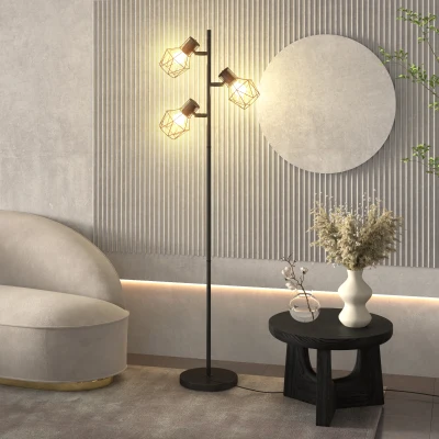 HOMCOM Lampada da Terra 40W con 3 Luci Regolabili in Metallo Nero