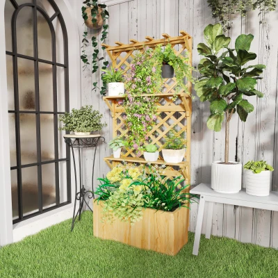 Outsunny Wooden Planter with Trellis & Shelves Nature Wood