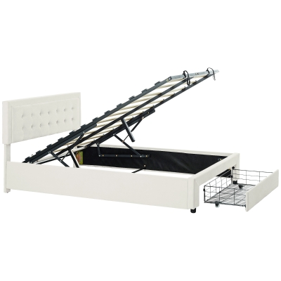 HOMCOM Lit Double Coffre Velours Crème avec Tiroir et Tête Réglable