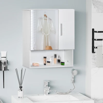 kleankin Wall Mounted Bathroom Mirror Cabinet, Modern Storage Cupboard Organizer with Double Doors and Adjustable Inner Shelf, White