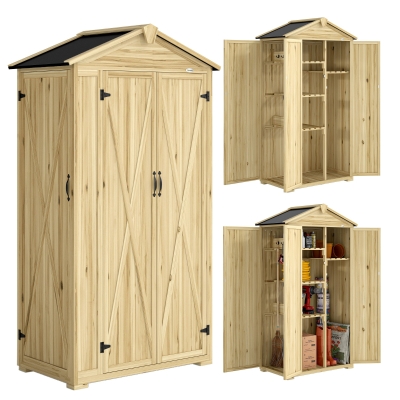 Outsunny Caseta de Jardín de Madera 93x53x168 cm Armario para Herramientas con 4 Estantes 3 Puertas y Ganchos Madera Natural