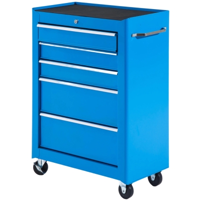 HOMCOM Carro de Herramientas para Taller con Ruedas 5 Cajones Armario con Cierre y Asa Lateral 61,5x33x82,5 cm Azul