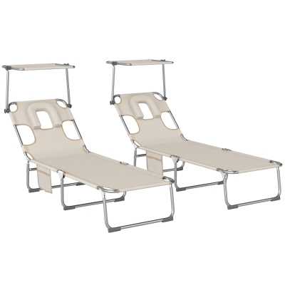 Outsunny Set mit 2 klappbaren, verstellbaren Liegen mit 360° Sonnendach, Gesichtsöffnung, Seitentasche und Textilene 550 g/m², Beige