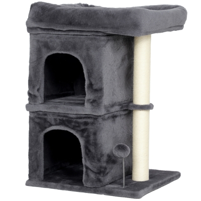 PawHut Arranhador para Gatos com Cama 2 Cavernas Poste de Sisal e Bola para Brincar 45x40x66 cm Cinzento Escuro