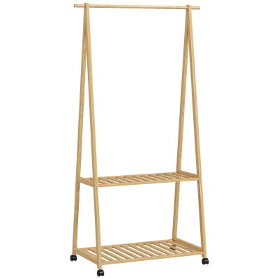 HOMCOM Kleiderständer, 2 untere Regale, 67 cm lange Kleiderstange, Bambusholz, Rollen