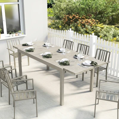 Outsunny Mesa de Jardim Extensível 154/214 x 85 cm Mesa de Jantar em Alumínio para 8-10 Pessoas com Acabamento em Imitação de Madeira Cinza claro