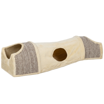 PawHut Cat Play Tunnel with 2 Condos, Hide and Seek Pet Toys for Indoor Kittens with Multiple Entrances, Sisal Material, Beige