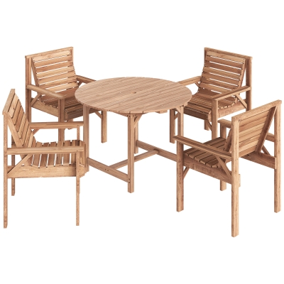 Outsunny Wooden Garden Furniture Set Seating Set Round Table with 4 Wide Chairs Umbrella Hole Slatted Look Natural Wood