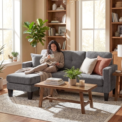 HOMCOM Sofá Chaise Longue Reversible con Estructura de Acero Tapizado en Chenilla 186x130x84cm Gris Oscuro