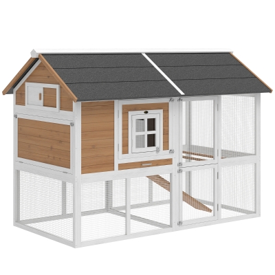 PawHut Galinheiro Casa para Galinhas com Recinto Ninho bandeja removível Telhado de Asfalto para 4 Galinhas 200x104x145cm Madeira Marrom