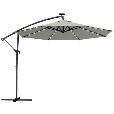 Outsunny Parasol ogrodowy LED solar Ø300 cm, obrotowy, z korbą, stojakiem i pokrowcem, jasnoszary