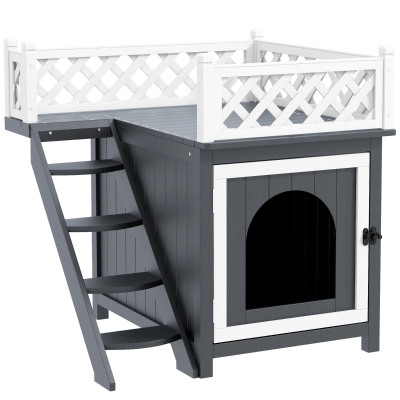 PawHut Wooden Cat House, Two-Floor Cat Shelter with Balcony, Stairs, Indoor Outdoor Small Pet Condo for Rabbits, Cats, Grey