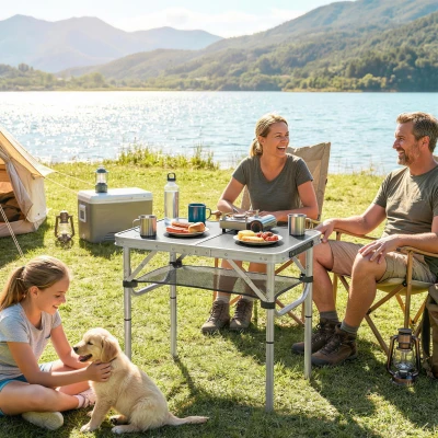 Outsunny Mesa Plegable Camping 60x40x60 cm con Altura Ajustable en 4 Niveles Red de Almacenamiento Marco de Aluminio Negro