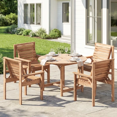 Outsunny Wooden Garden Furniture Set Seating Set Round Table with 4 Wide Chairs Umbrella Hole Slatted Look Natural Wood