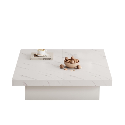 Modern Square Coffee Table with 4 Drawers and Sliding Surface, 90L x 90W x 25H cm, White