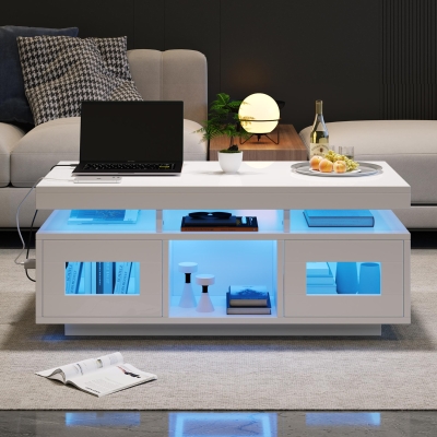 Modern Coffee Table with App-Controlled LED and USB Port, 100L x 50W x 43H cm, White
