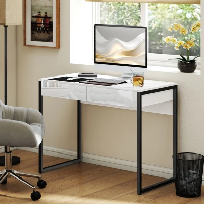 HOMCOM High Gloss Work Table with Drawers White