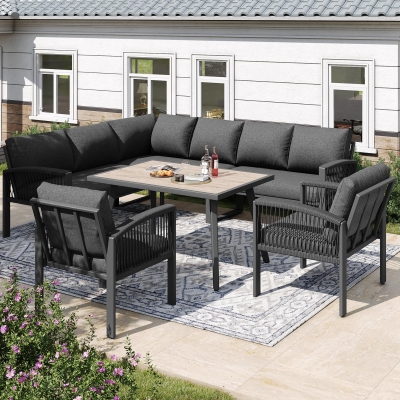 Stylish Garden Lounge Set with Galvanised Iron Frame and Wood‑Grain Table, 124L x 69W x 86H cm, Gray