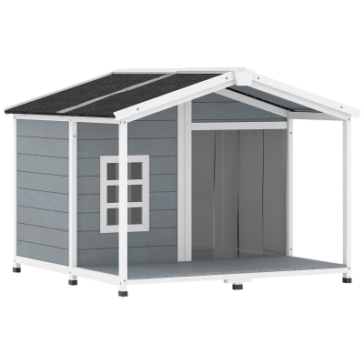 PawHut Hundehütte wetterfestes Erhöhtes Hundehaus aus Holz mit Asphaltdach, Terrasse, für mittelgroße Hunde 103x107x83,5cm Grau