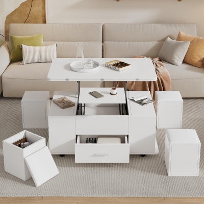 Modern Lift-Top Coffee Table with Hydraulic Lift and Hidden Storage, 100L x 50W x 45H cm, White