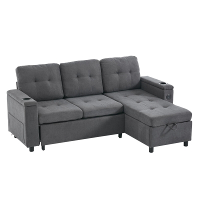 L-Shaped 3-Seater Sofa Bed with Hidden Storage, 208L x 146W x 89.5H cm, Grey