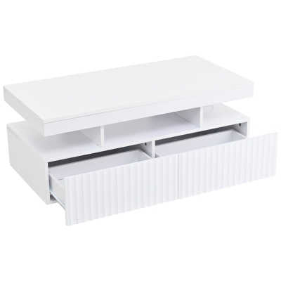 Modern Coffee Table with App-Controlled LED and Two Ribbed Drawers, 100L x 50W x 45H cm, White