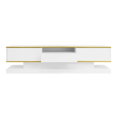 Modern LED TV Cabinet with High-Gloss Finish and Metallic Trim, 180L x 38W x 45H cm, White