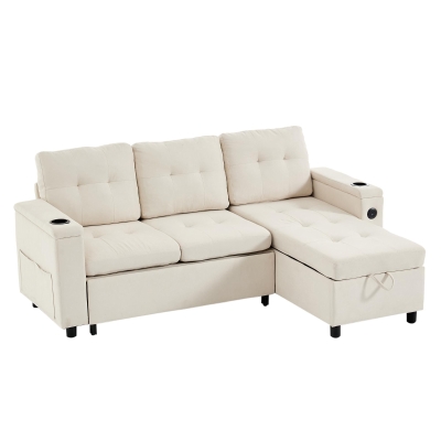 L-Shaped 3-Seater Sofa Bed with Hidden Storage, 208L x 146W x 89.5H cm, Beige