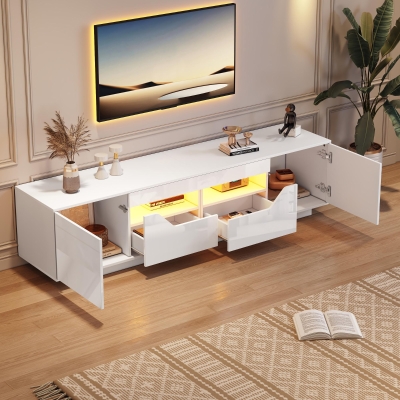High-Gloss TV Entertainment Centre with App-Controlled LED Lighting, 180L x 40W x 45H cm, White
